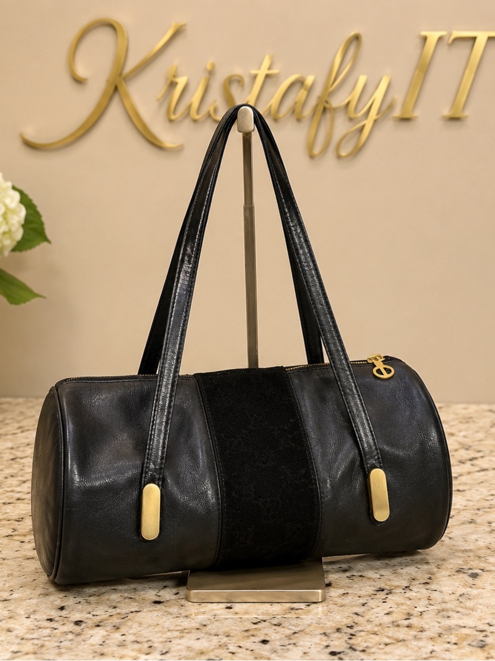Vintage Christian Dior Black Leather Mini Barrel Bowler Bag Y2K